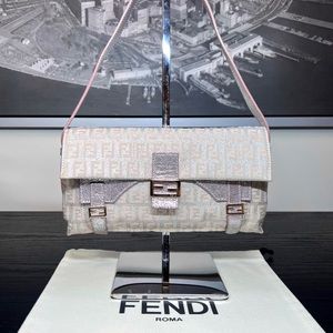 Fendi Zucchino  Metallic Beige Pink Sweety Baguette FF Logo Monogram Bag Purse